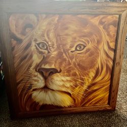 Gorgeous Hand Painted Lion In Solid Oak Frame 