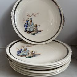Set of 7 Vintage PADDEN CITY Porcelain Far East Asian Cherry Blossom Tree Pattern 9” Handled Plates