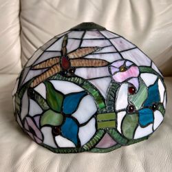 Vintage Tiffany-Style Stained Glass Dragonfly Floral Lamp Shade