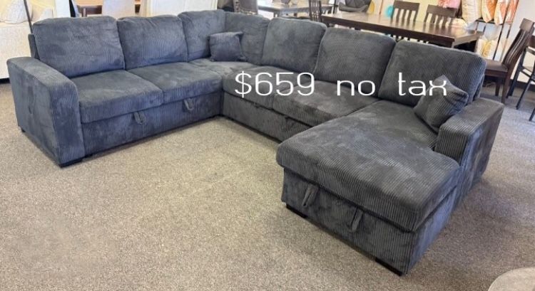 XL Sectional Sofa Couch With Pullout Bed & Storage Dark Grey Corduroy ✅$659 No Tax