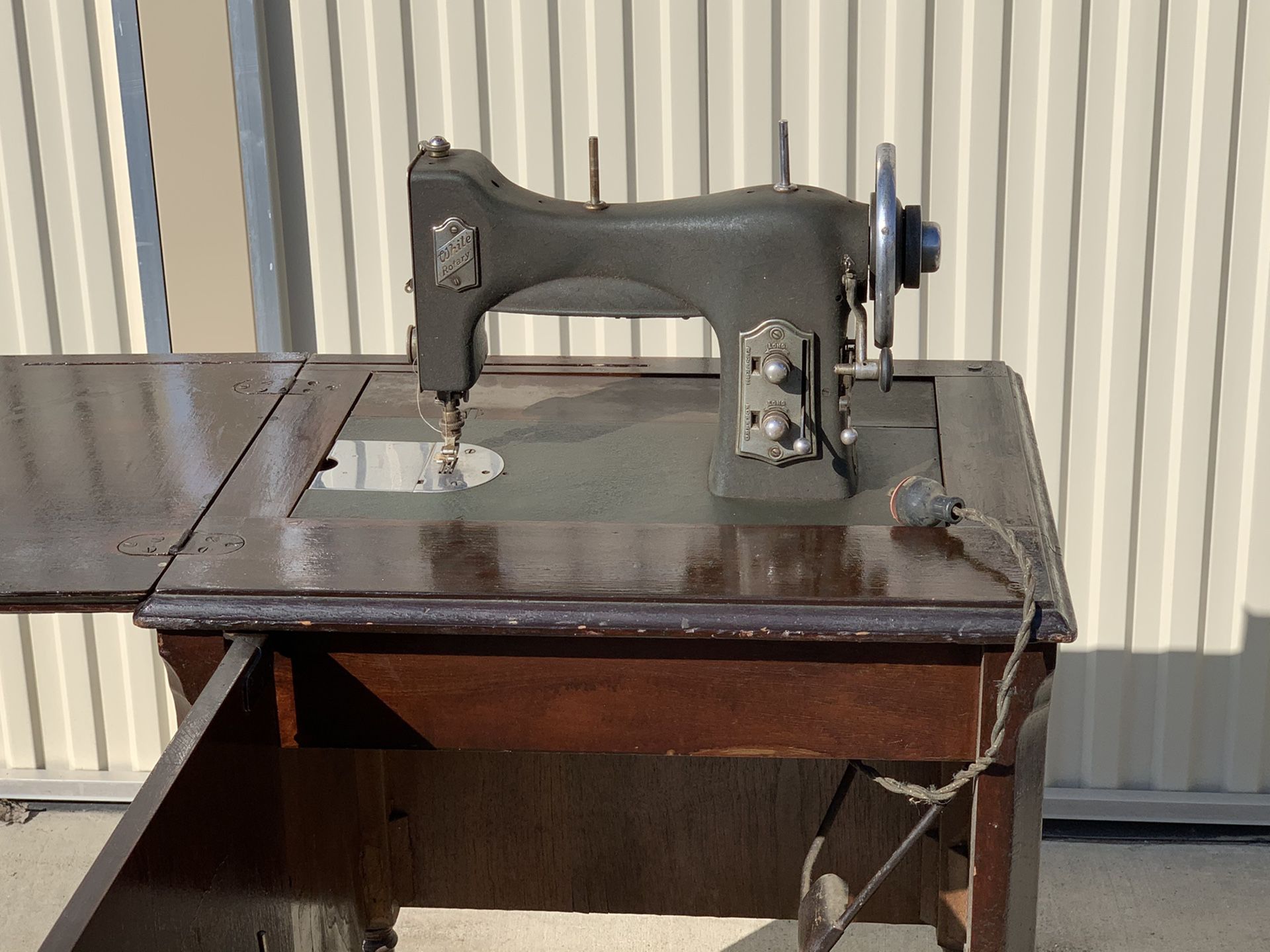 Antique White Rotary Sewing Machine & Beautiful Dark Wood Cabinet
