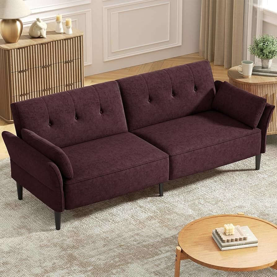 89” Futon Sofa Bed, Comfy Futon Couch Bed with 2 Square Pillows, Convertible Sleeper Sofa with Adjustable Backrest& Armrests, Modern Loveseat Sleeper