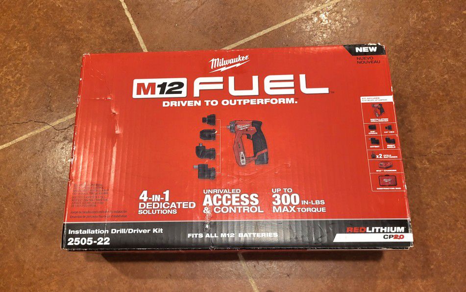 Never-opened Milwaukee M12 FUEL 12V Lithium-Ion Brushless Cordless 4-in-1 Installation 3/8 in. Drill Driver Kit with 4-Tool Heads