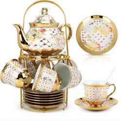 20 Pcs Porcelain Tea Set with Metal Holder,European Adult Ceramic Tea Party Set,Flower Painting Teapot Cup Saucer Spoon Set for Women,Serving 6 People