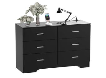 FJTJBSI Dresser with Power Outlets Wooden 6 Drawer Dresser with USB and Type C Port Chest of Drawers for Bedroom Tall Black Organizer Storage for Livi