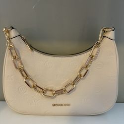 Michael Kors CORA Large Shoulder Crossbody Bag Embossed Leather MK Light Cream
