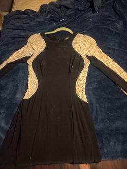 Black Long Sleeve Mini Dress with Gold Rhinestones