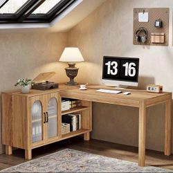 XK00889 L-Shaped Desk with File Cabinet, 59-Inch Executive Office Desk with Storage Shelves, Wooden