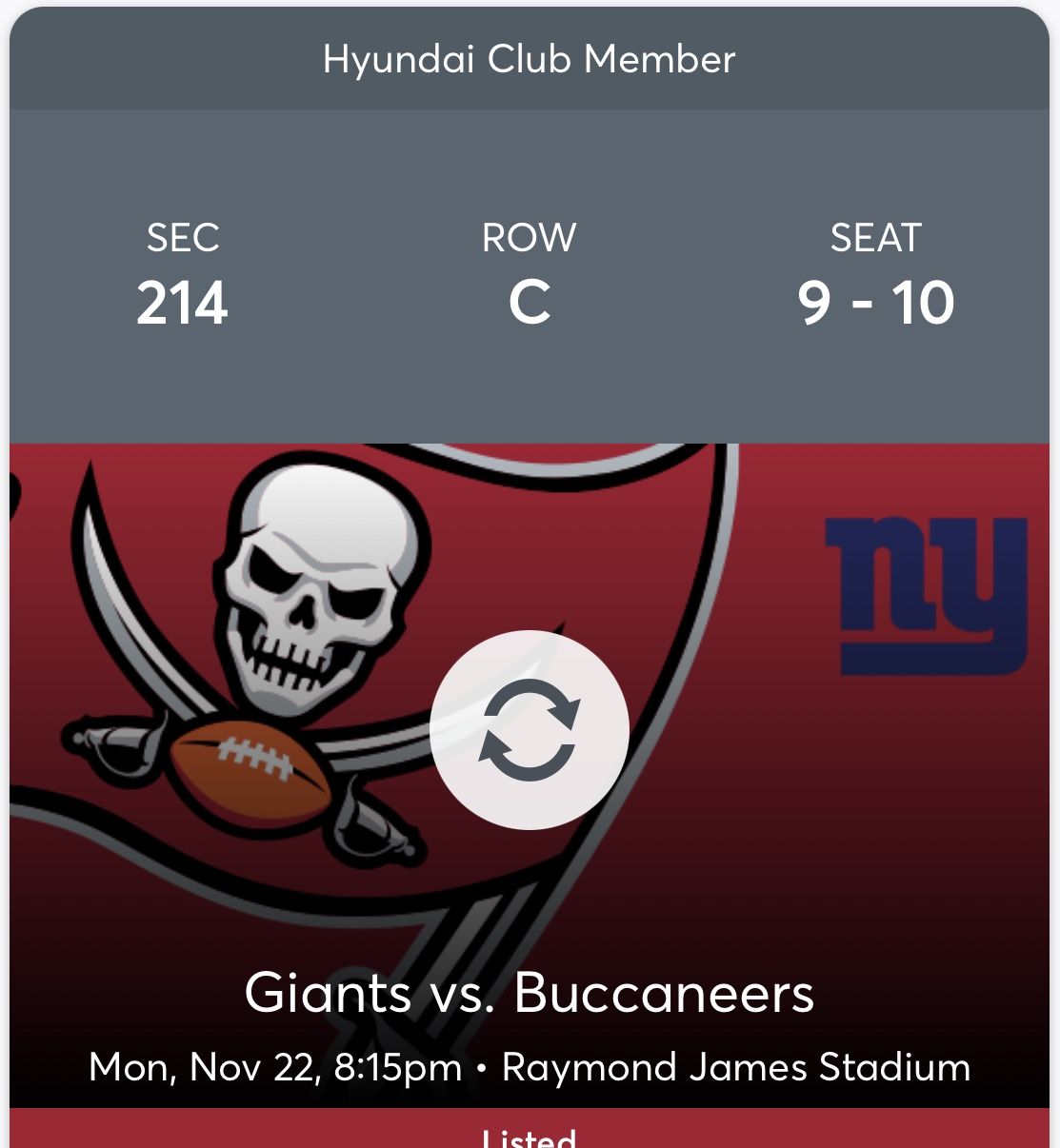 2 Club Seats (Sec 214) - Giants vs. Buccaneers ($350 ea)