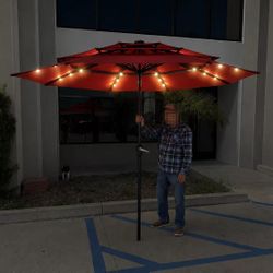 New In Box 9 Feet 3 Tier Tilt Crank Outdoor Patio Umbrella With Solar LED  Light Dark Red Color Stand Is Not Included 
