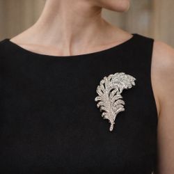 BJL Bohemian Jewelry 1950s 14K White Gold Marcasite Feather Brooch, 1.25x2” NIB