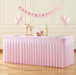 6ft Pink Spandex Tablecloths For Rectangle Tables Wrinkle Free Pink Table Cloth Rectangle Stretch Fitted Table Cover With Skirt For Baby Shower Girl B