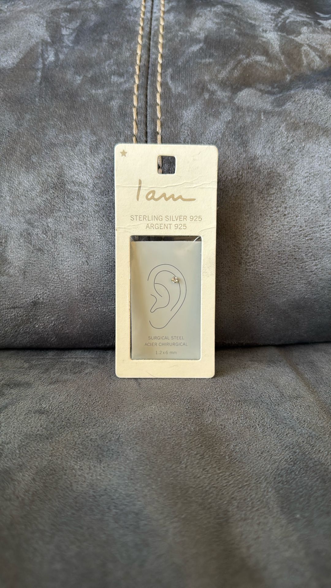 New Sterling Silver 925 Surgical Steel Single Rhinestone Earring 1.2 x 6 mm.