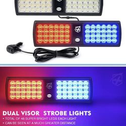 Red Blue 2-in-1 96LED High Brightness Visor Strobe Lights - 23 Flash Patterns w/Take Down, Nylon Strap Installation for Windshield Trucks & SUVs 