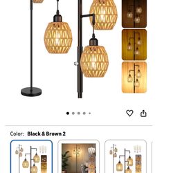 Dimmable Boho Floor Lamp - 3 Light Farmhouse Rattan Floor Lamps for Living Room, Tree Floor Lamps with Bohemian lampshades, Rustic Standing Tall Lamps