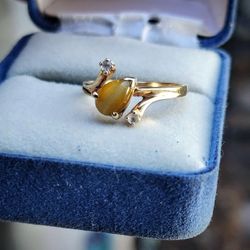 Solid 10K Yellow Gold Yellow Tiger's Eye Natural Diamond Accent Ring