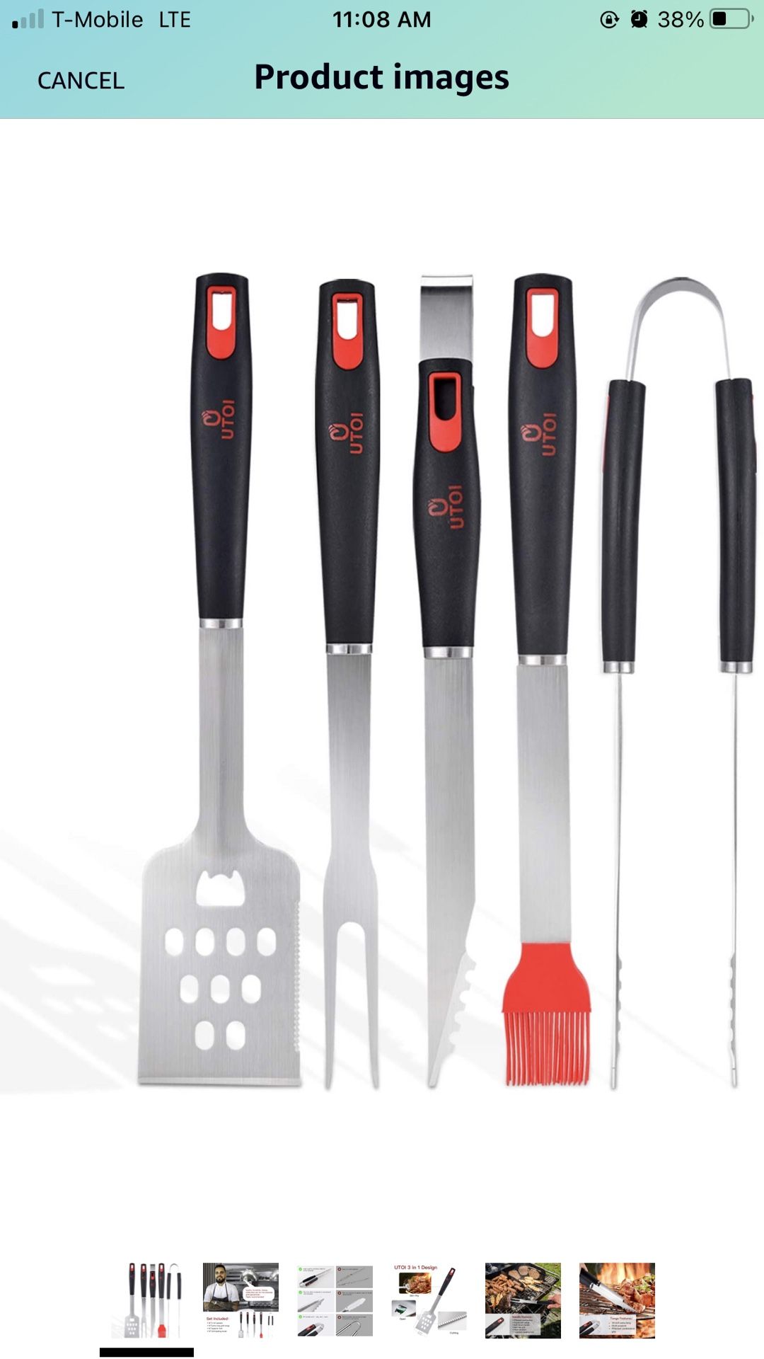 BBQ Grill Tools Set, 4pcs Heavy Duty Stainless Steel Grilling Accessories, Tongs, Fork, Basting Brush and Spatula with Bottle Opener, 18" Extra Long U