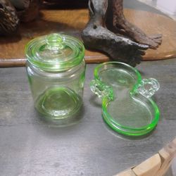 Small Uranium Canister, 4", Uranium Glass, UV Glass,  and Dish Vintage Home, Depression Glass
