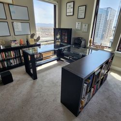 High End Heavy Duty Black L-Shape Desk Bookcases Chair Beautiful Set Printer and Chair Included