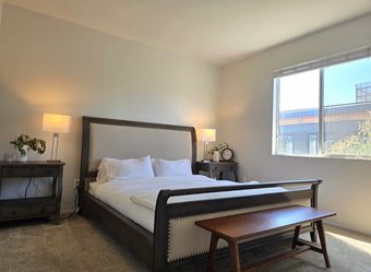 California king-sized sleigh bed frame, Luxe Mattress, and 2 (TWO) bedside tables, each with 2 drawers, and each  with USB-B power ports