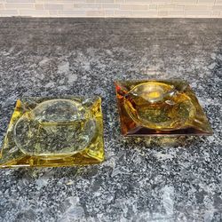 Vintage Amber Colored Glass Ashtrays-  Square Shape X2