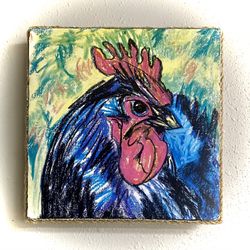 ROOSTER Print Framed Farmhouse Square Vivid Burlap Rope