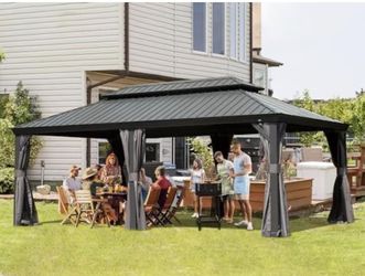 12' X 20' Hardtop Gazebo Outdoor Metal Gazebo Canopy with Galvanized Steel Double Roof, Aluminum Frame, Curtains and Netting for Patio, Deck, Garden, 