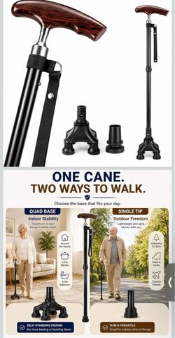 2-in-1 Folding Walking Cane with Ergonomic Wooden Handle, Self-Standing