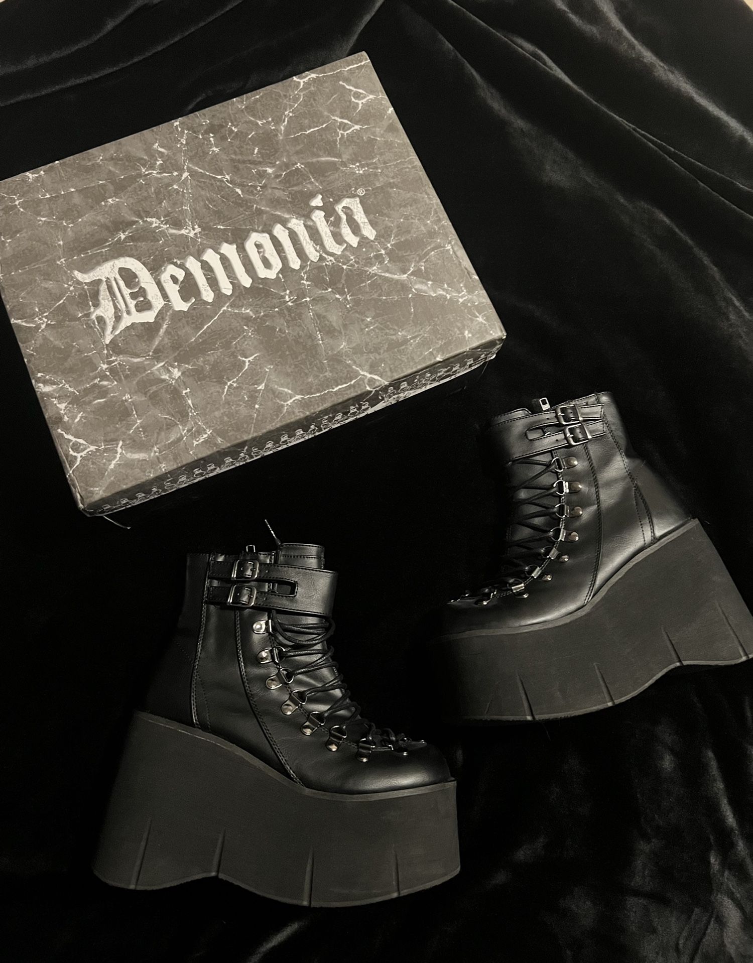 Demonia Platform Boots, Black Vegan Leather, SIZE: 9