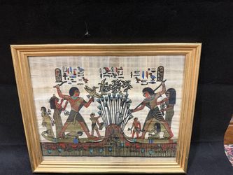 Egyptian Papyrus Painting – Nile Marsh Hunting Scene with Hieroglyphs, Framed Under Glass
