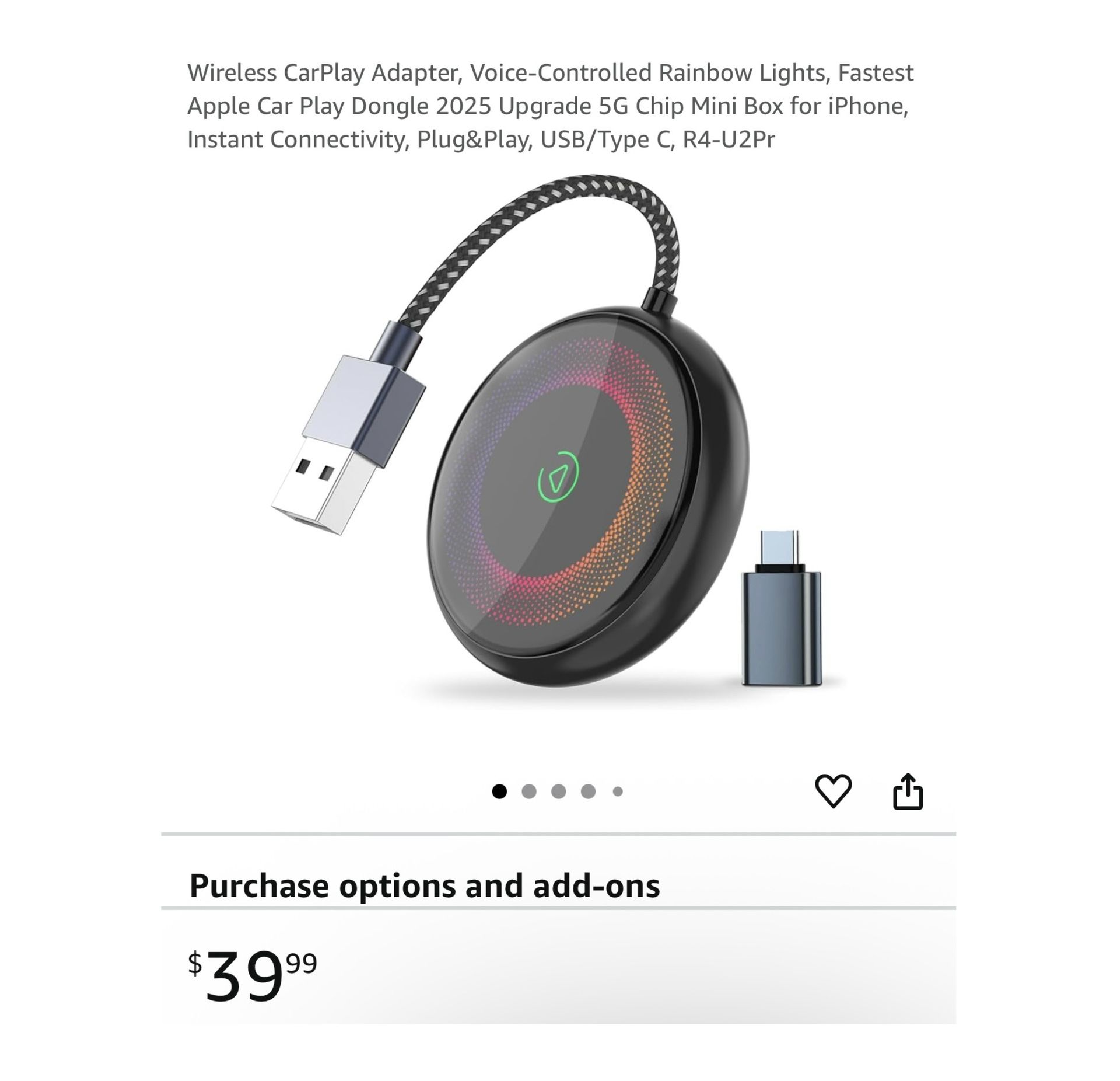 Brand new Wireless CarPlay Adapter, Voice-Controlled Rainbow Lights, Fastest Apple Car Play Dongle 2025 Upgrade 5G Chip Mini Box for iPhone, Instant C