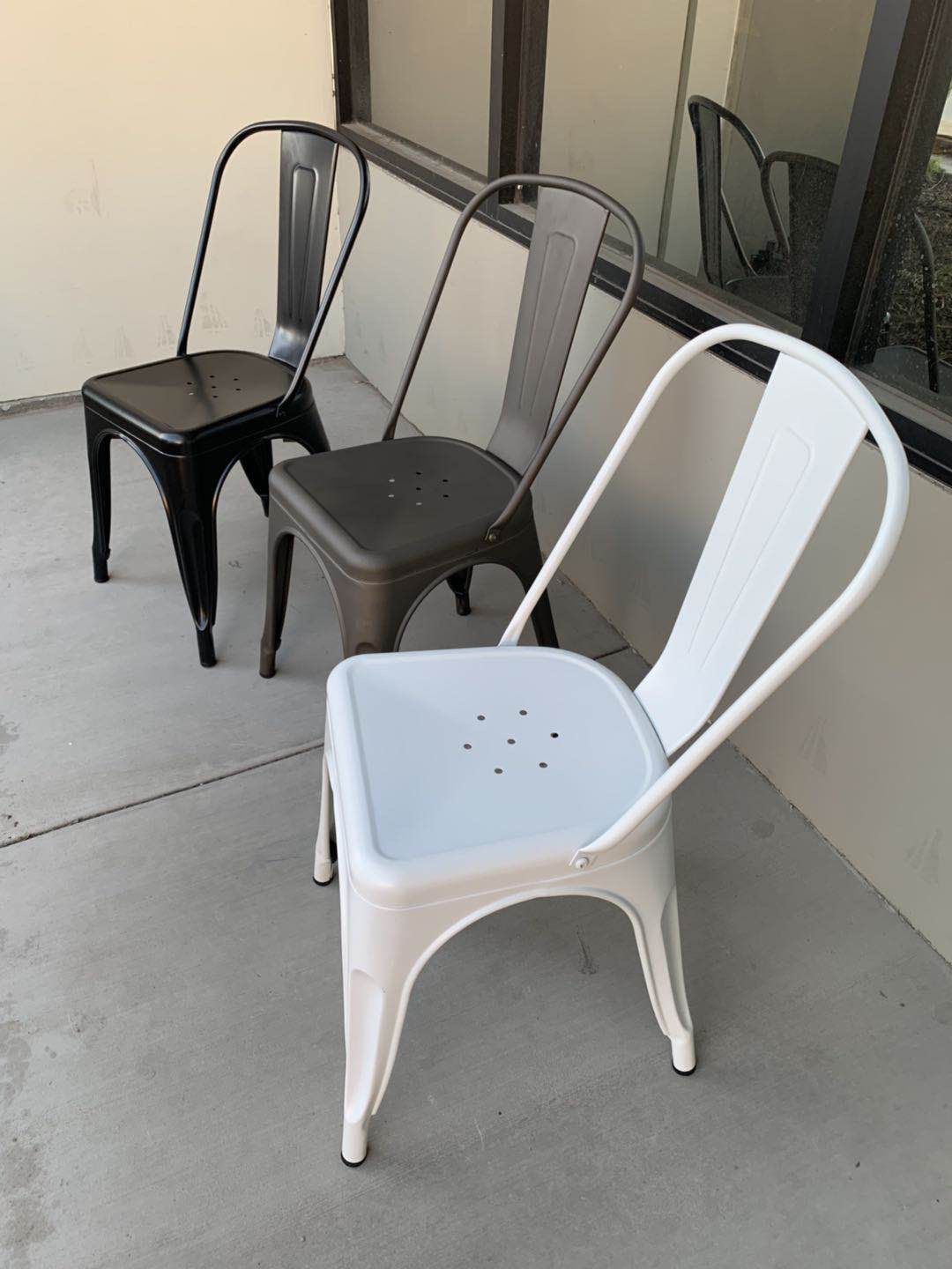 NEW $30 Each Metal Iron Steel Chair Black White or Gun Metal Color Stackable 340 lbs Capacity Dining Indoor Outdoor Chair