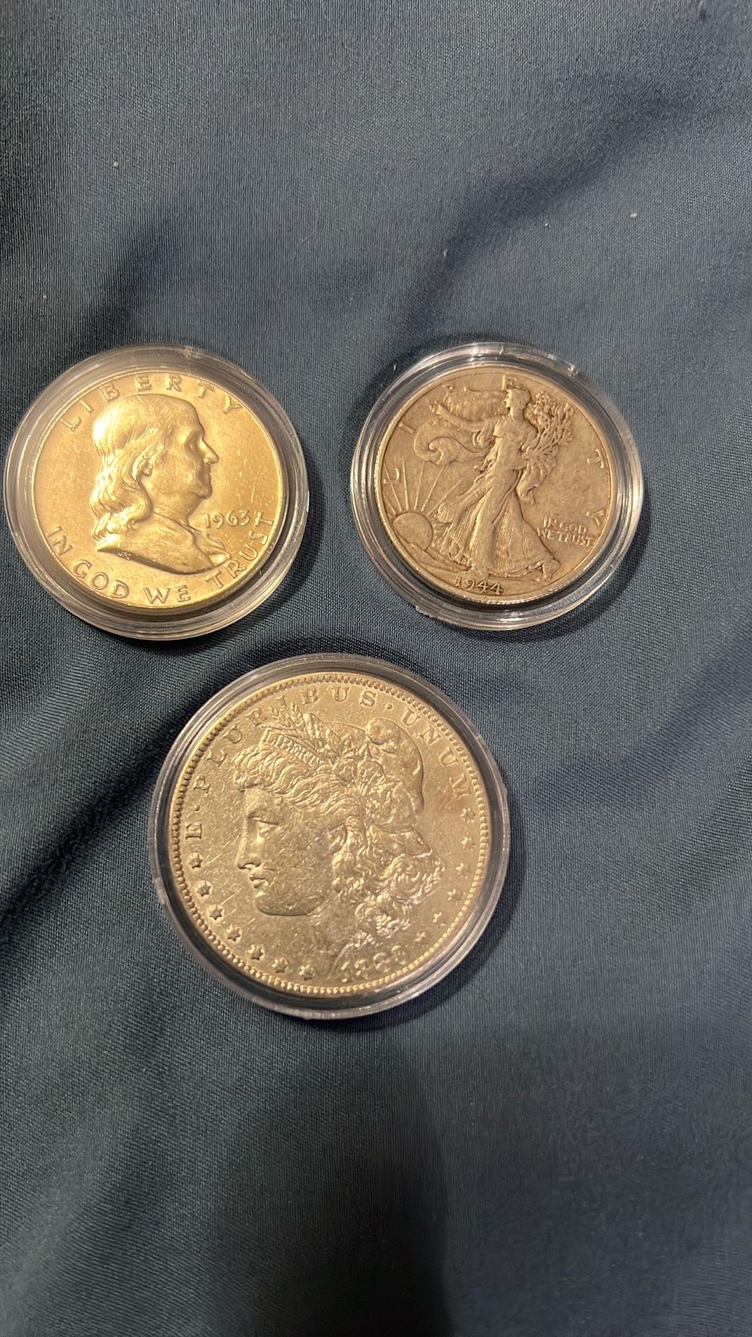 1883 Morgan Silver Dollar, 1944 Walking Liberty Half, & 1963 Franklin Half Silver Dollars