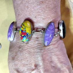 BEAUTY AND SECURITY, MULTI NEVADA TURQUOISE, PLUS A BONUS OF BLACK ONYX WITHIN THE STERLING SILVER. EASY TO PUT ON (T- BAR) BRACELET. BELOW  (B-21657)