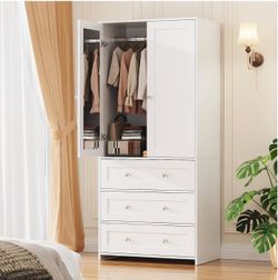 VOWNER 71" Tall Armoire Wardrobe Closet with Drawers and Mirror  Clothing Storage Cabinet with Hanging Rod, 2 Doors Wooden Wardrobe Cabinet for Bedroo