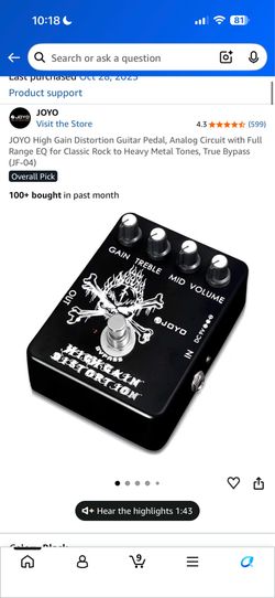 JOYO High Gain Distortion Guitar Pedal JF-04