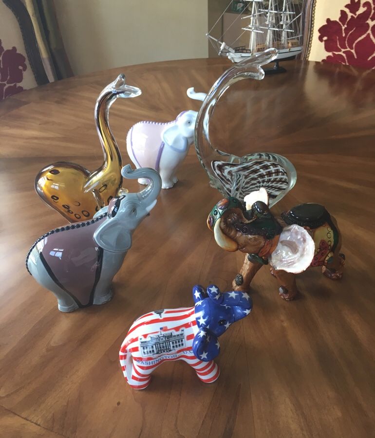 Collection of 6 elephants- glass and porcelain. Murano(2) and NAO (2)