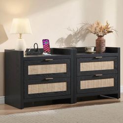 Set of 2 Bed Side Table - Boho Night Stand End Table with Type-C Charging Station, 2 Rattan Decor Dr