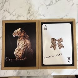 Leopard Card Deck and Leopard/Cheetah Wood Frame Canvas Wall Art Set Decor 