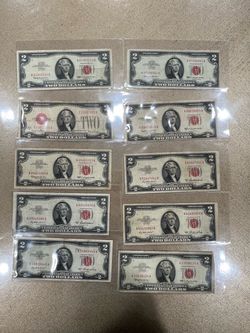 Lot of 10 US $2 Red Seal Legal Tender Notes 1928/1953/1963