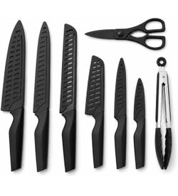 Kitchen Knife Set, 14 Pieces Kitchen Knives Set with 6 Blade Guards, Anti-Rust Stainless Steel, Dishwasher Safe, with Scissors and Tongs, Black
