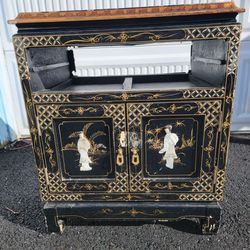Vintage Asian black lacquer soapstone side table.