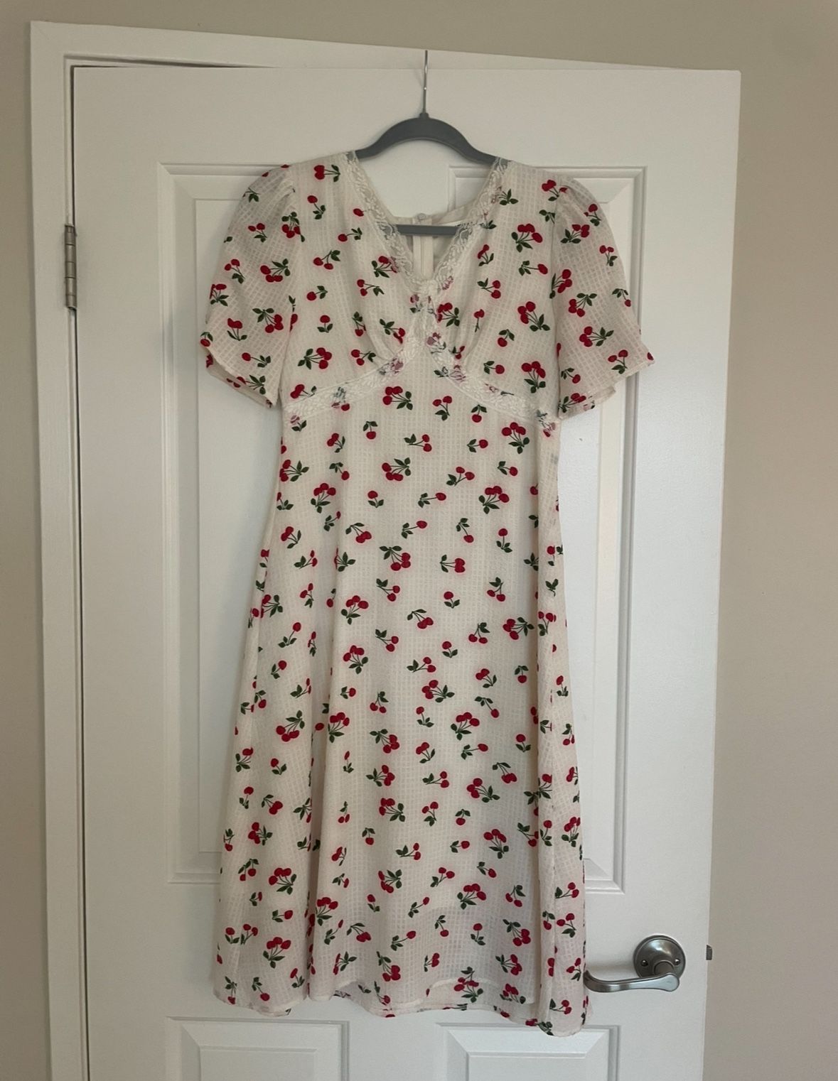 White Elegant Dress With Cherry Print