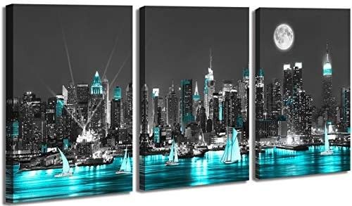 BRAND NEW Black and Aquamarine Wall Art Canvas New York City Night Scenes Sailboat Modern Cityscape Building Artwork Picture Painting for Bedroom Home