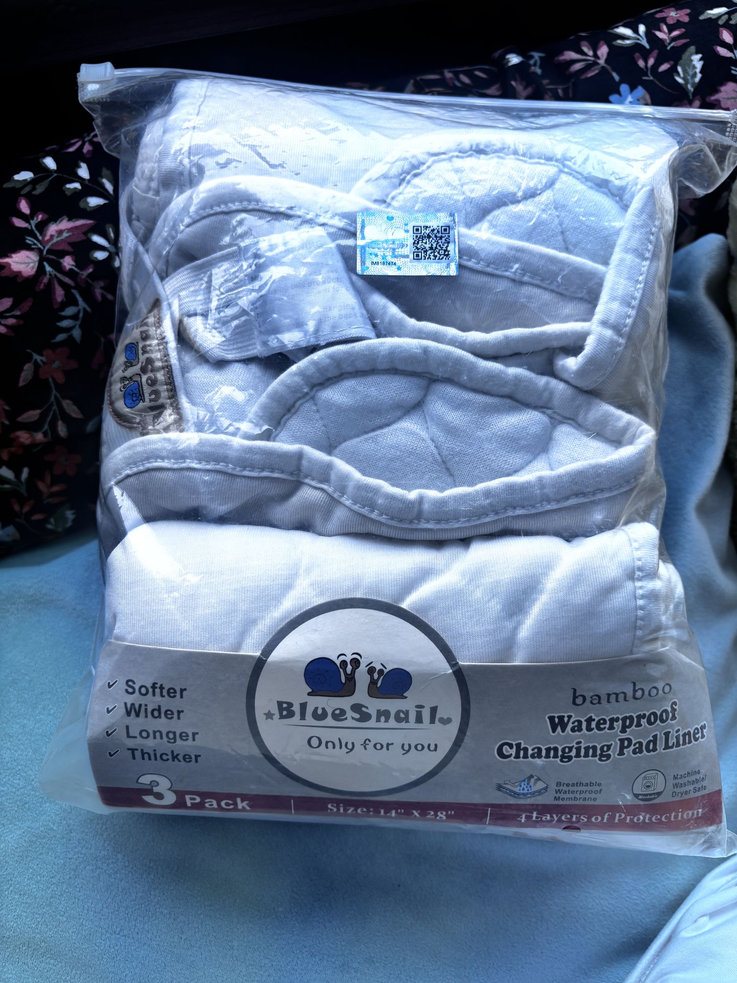 Blue snail, bamboo, waterproof, changing pad liner 3 pack