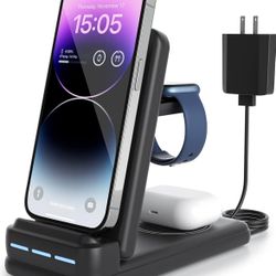  3 in 1 Charging Station for Apple - Foldable Wireless Charger for iPhone15/14/13/12/Pro/Plus/11/XS/XR/X/8, Charger Stand Compat