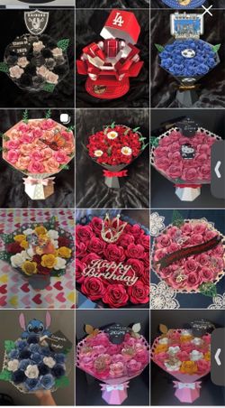 Graduation etc paper flower bouquets and baseball cap gift boxes