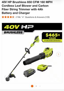 📦 Kit Ryobi 40V HP (Sopladora 650 CFM + Podadora de Fibra de Carbono + Batería 4Ah y Cargador)