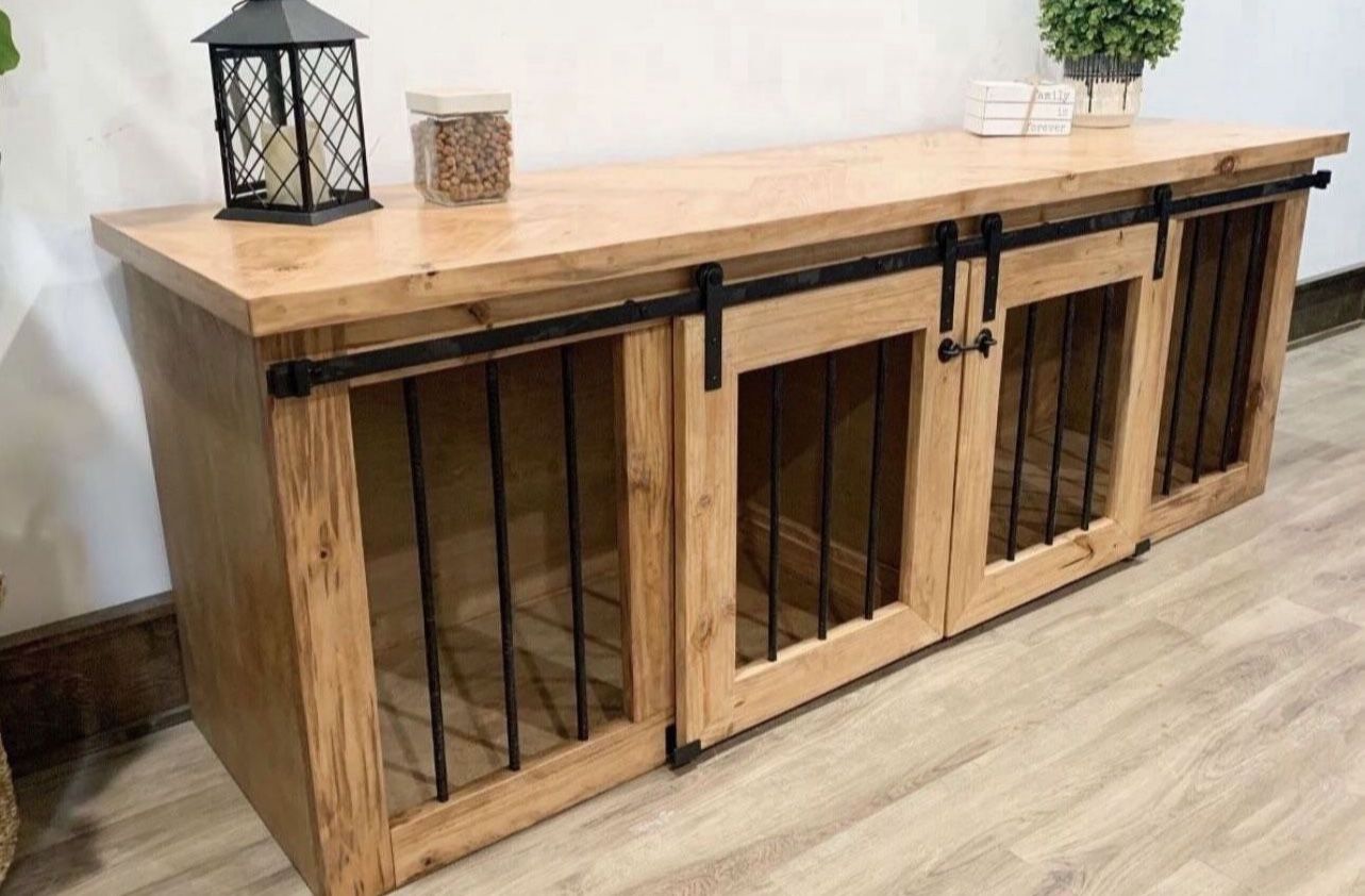 Custom built dog kennel Crate House Cage Barn Door Farmhouse Modern Rustic Toy Puppy Accessories Tv Stand Console