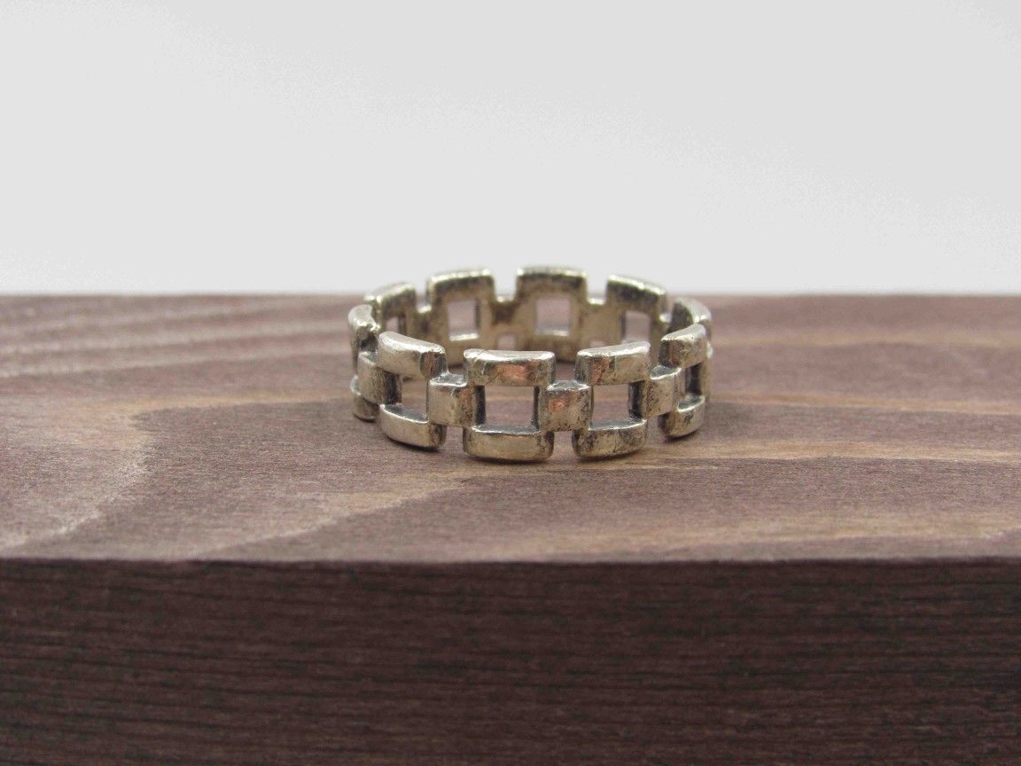 Size 8 Sterling Silver Rustic Chain Link Style Band Ring Vintage Statement Engagement Wedding Promise Anniversary Bridal Cocktail Friendship